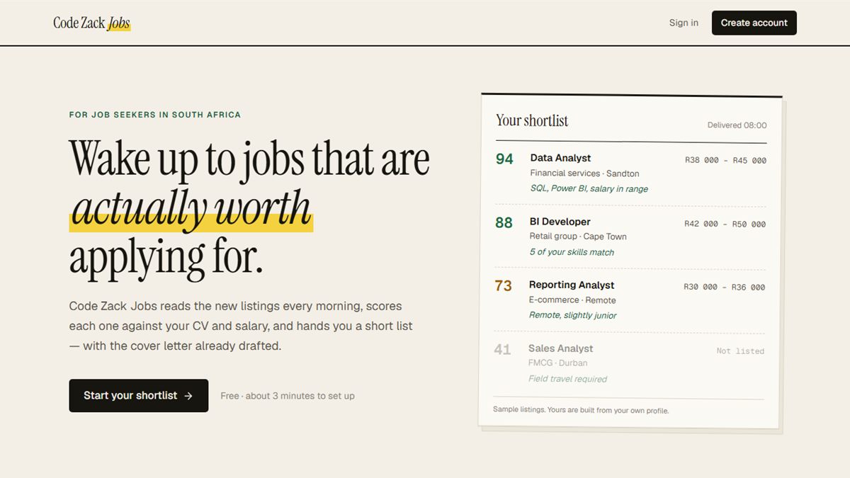 Code Zack Jobs homepage with the headline Wake up to jobs that are actually worth applying for, beside a scored shortlist of job matches
