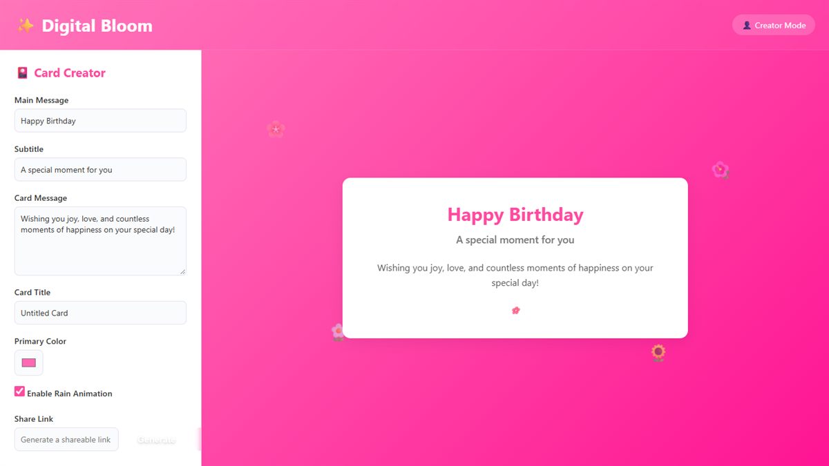 Digital Bloom card creator with message fields on the left and a live birthday card preview