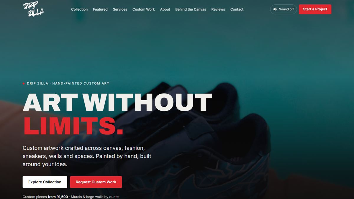 Drip Zilla homepage with the headline Art Without Limits over a hand-painted sneaker