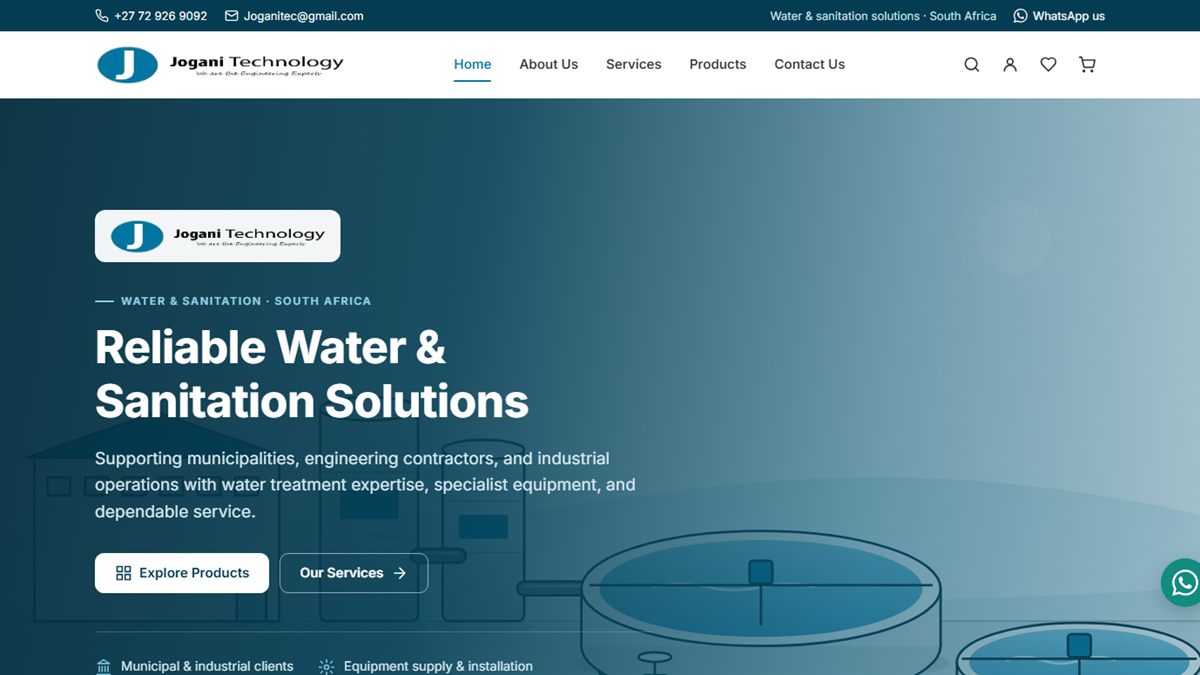 Jogani Technology homepage with the headline Reliable Water & Sanitation Solutions over an illustration of treatment tanks