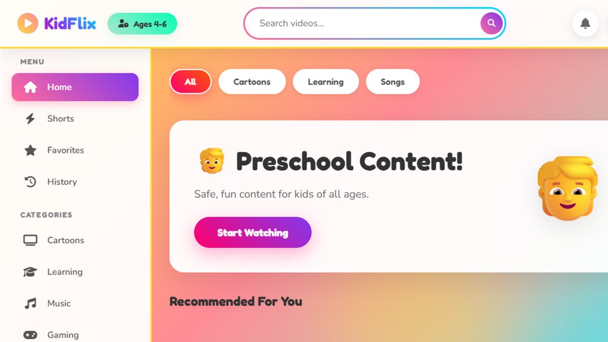 KidFlix home screen with an Ages 4-6 profile, category filters and a Preschool Content banner