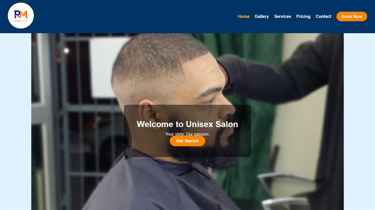 Unisex salon website with a photo of a fresh fade haircut and a Get Started button