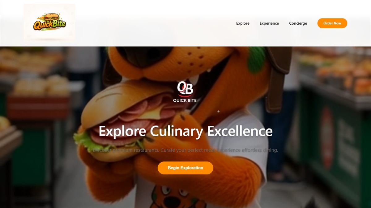 QuickBite homepage with the headline Explore Culinary Excellence and a Begin Exploration button