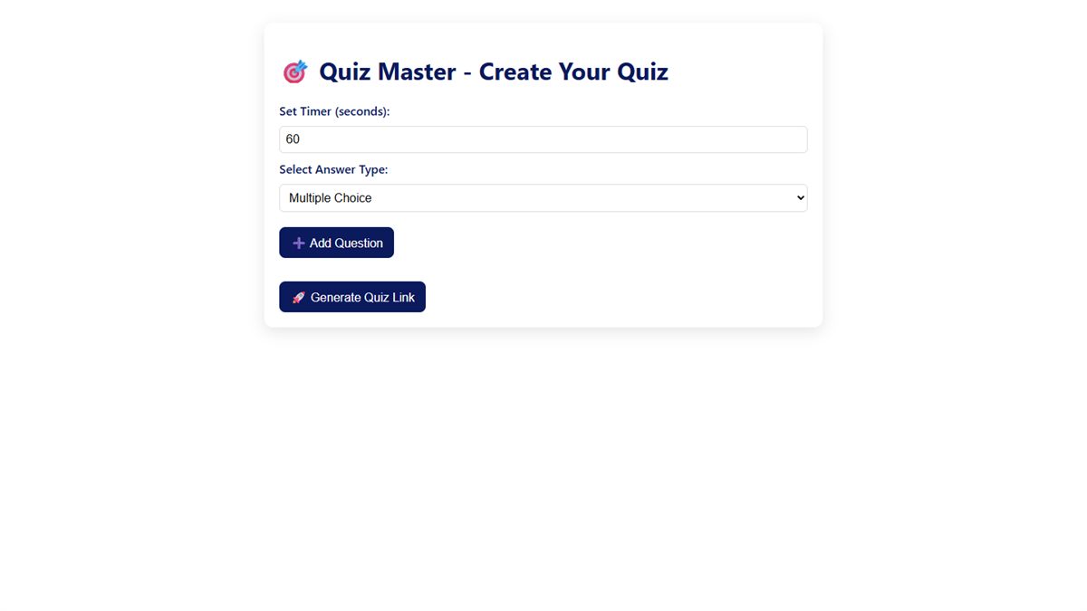 Quiz Master builder with a timer setting, answer type selector and Generate Quiz Link button