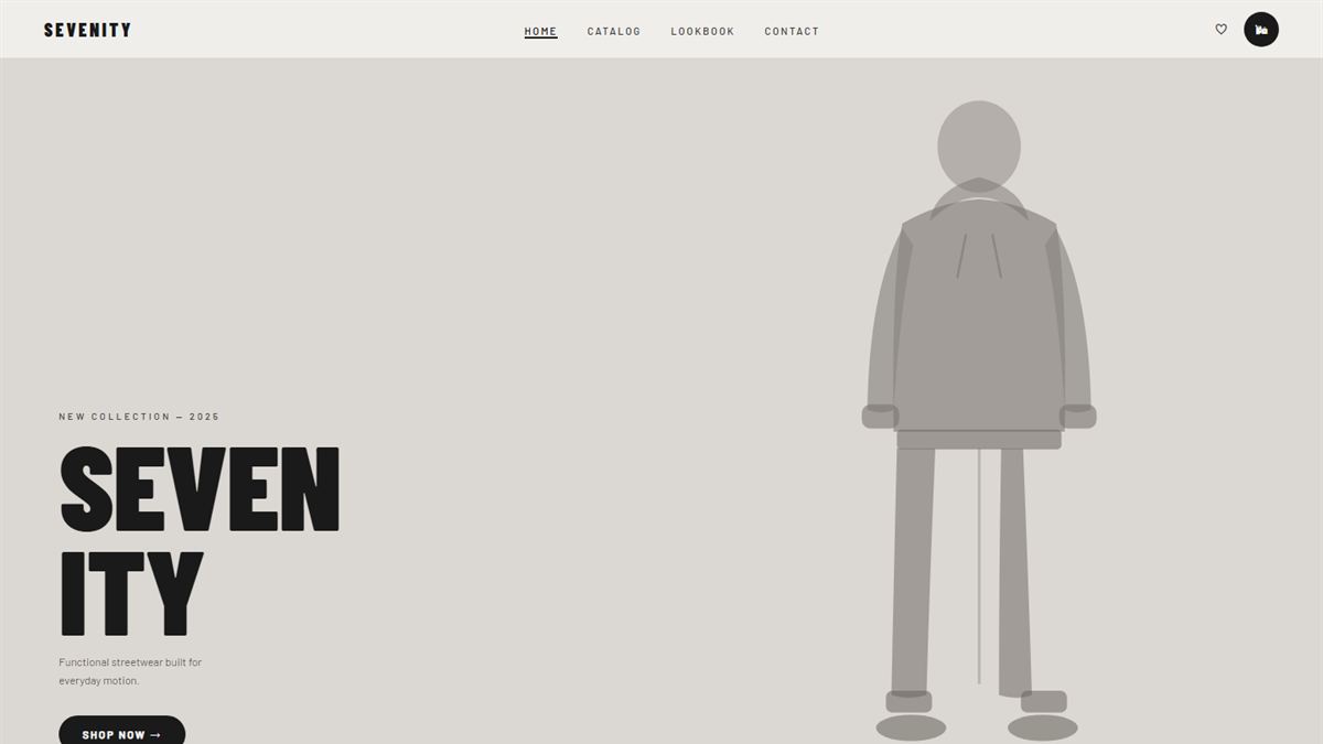 Sevenity streetwear store homepage with large SEVENITY headline and Shop Now button