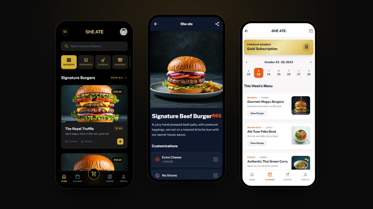 Three She Ate phone screens: the burger menu, a Signature Beef Burger detail page and the weekly meal planner