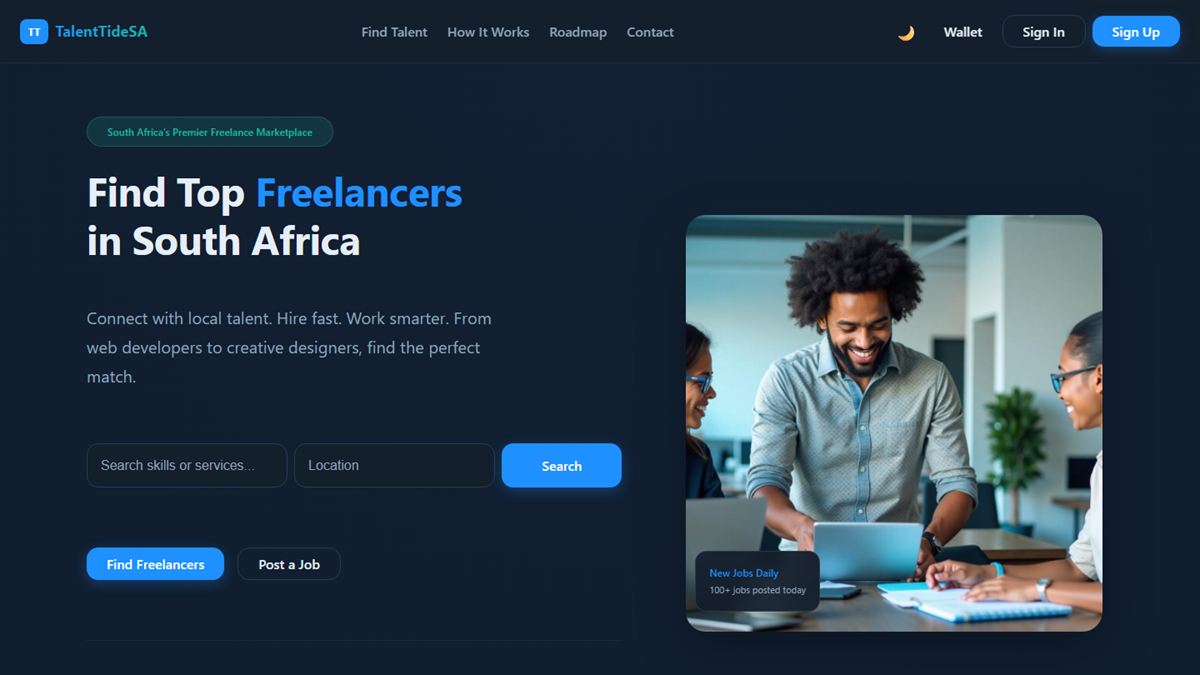 Talent Tide SA homepage with the headline Find Top Freelancers in South Africa and a skills search bar