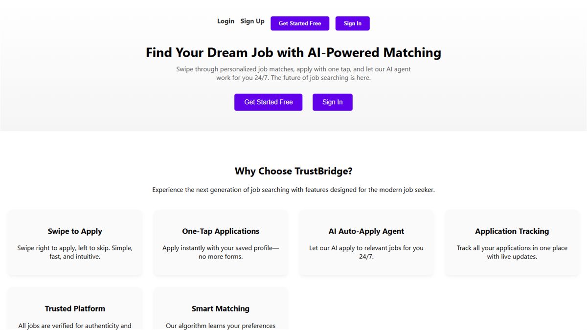 TrustBridge landing page with the headline Find Your Dream Job with AI-Powered Matching