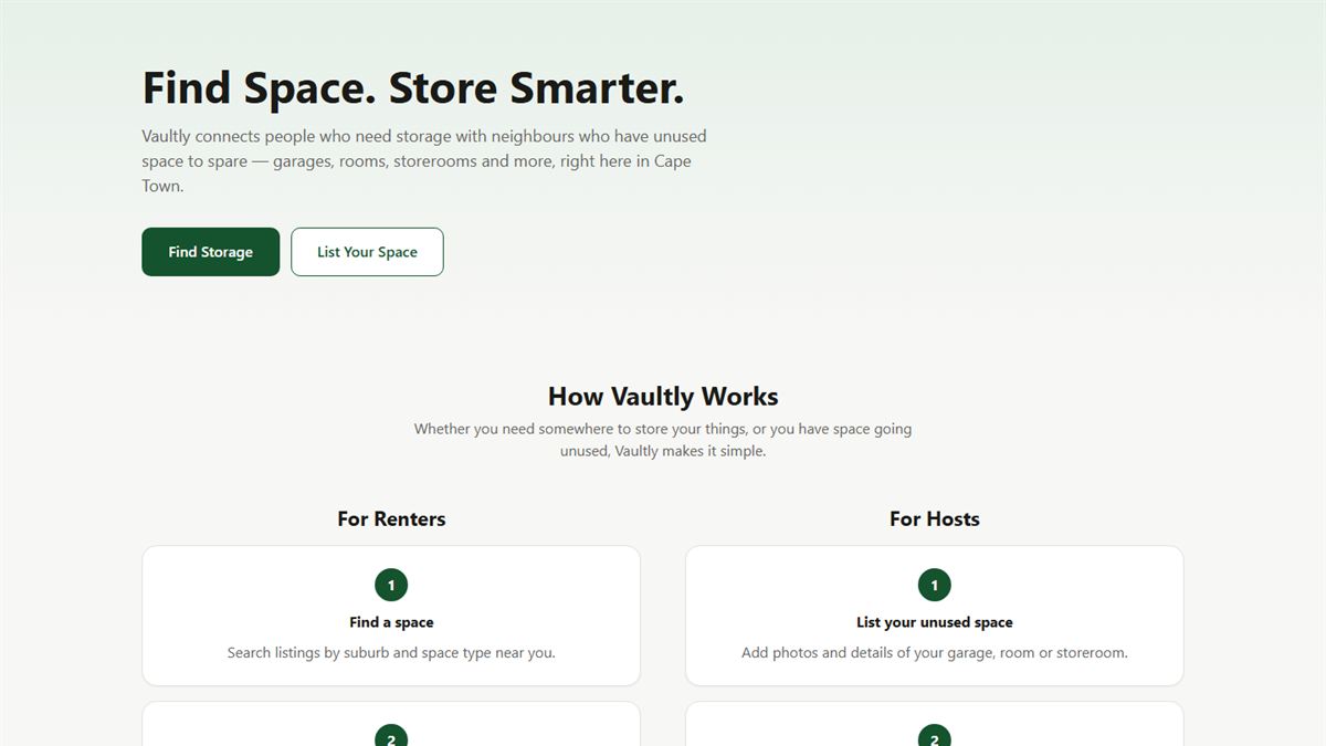 Vaultly homepage with the headline Find Space. Store Smarter.