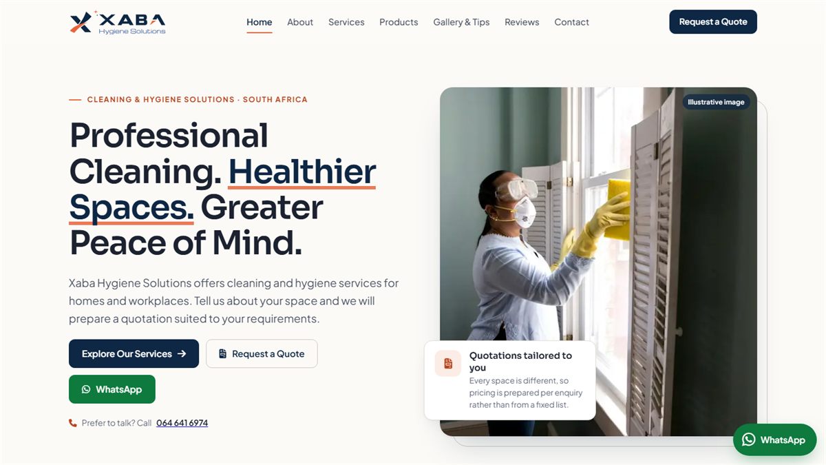 Xaba Hygiene Solutions homepage with the headline Professional Cleaning. Healthier Spaces. Greater Peace of Mind. beside a photo of a cleaner washing a window
