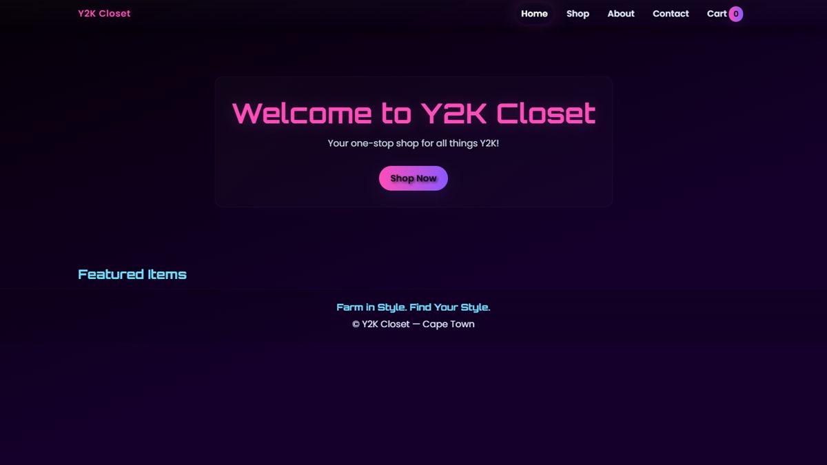 Y2K Closet store homepage in neon pink with a Shop Now button